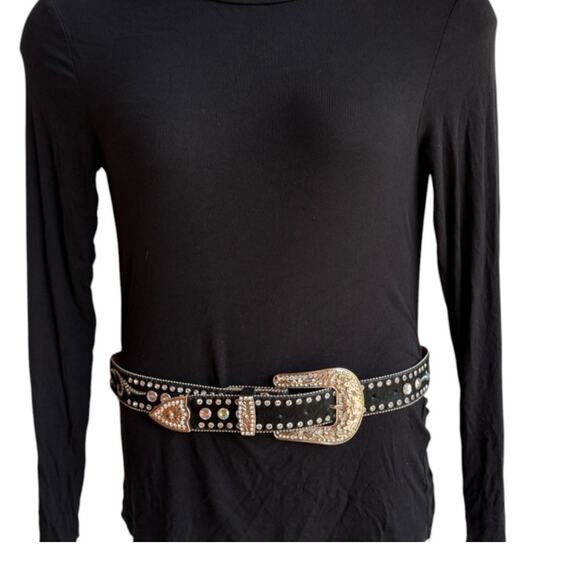 Nacona Black Calfskin Western Big Buckle Bling Belt w Rhinestones size M - Picture 5 of 13